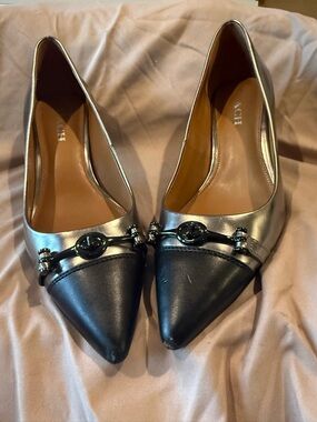 Coach Two-Tone Pointed Toe Heels in Black and Silver